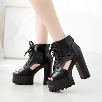 

YMECHIC Summer Punk Rome Ankle Boots Women 2019 Party Rivet Cross-tied Zipper Peep Toe 5cm Thick Platform Ladies Shoes Hot Sale