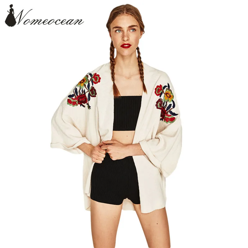 Colorful Floral Embroidered Cardigans 2017 Autumn No Button Knitted Sweater Coat Long Sleeve