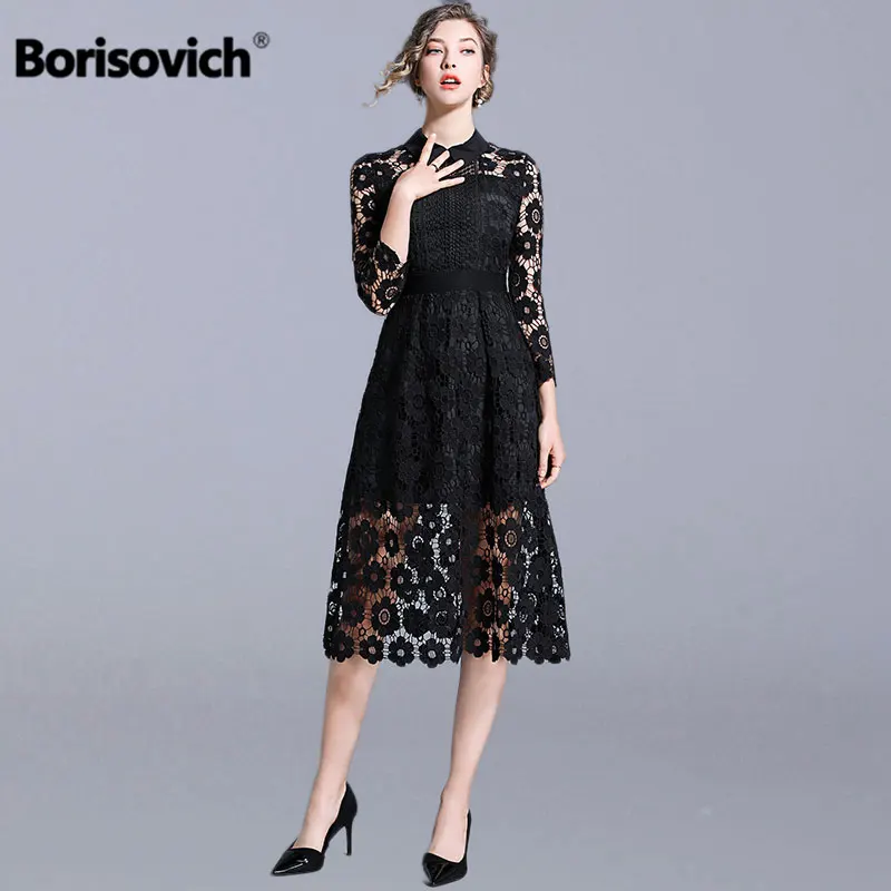 

Borisovich Ladies Elegant Party Dresses New Brand 2019 Spring Fashion A-line Hollow Out Lace Women Black Casual Long Dress N953
