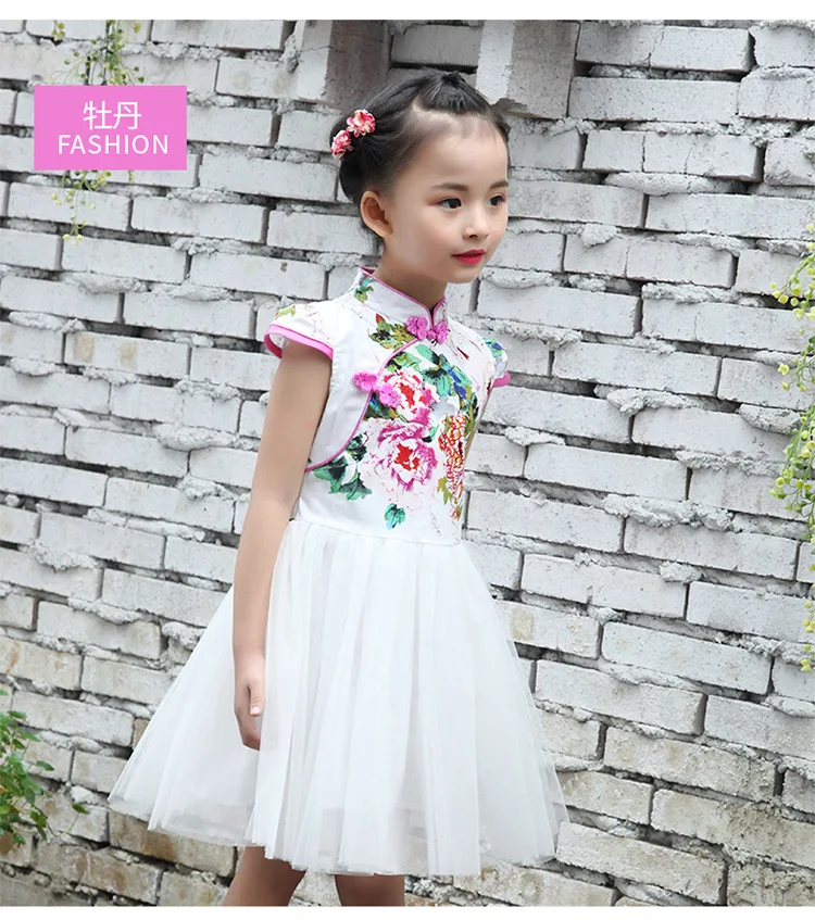 Новое летнее платье в китайском стиле для девочек с Чонсам с вышивкой и короткими рукавами, платье из тюля для маленьких девочек одежда для детей от 2 до 12 лет