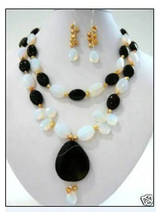 

FREE SHIPPINGPearl beads&opal & Black Onyx &Necklace Earrings