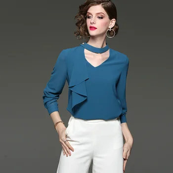 

Temperament Elegant Long Sleeve Shirt 2019 Spring New Ruffled Chiffon Women Shirt Blouses Fashion Hollow Out Female Tops LL3002