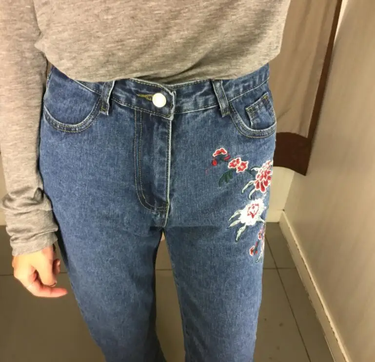 2018 Весна и осень винтажные Harajuku Высокая талия Роза вышитый цветок джинсы Штаны