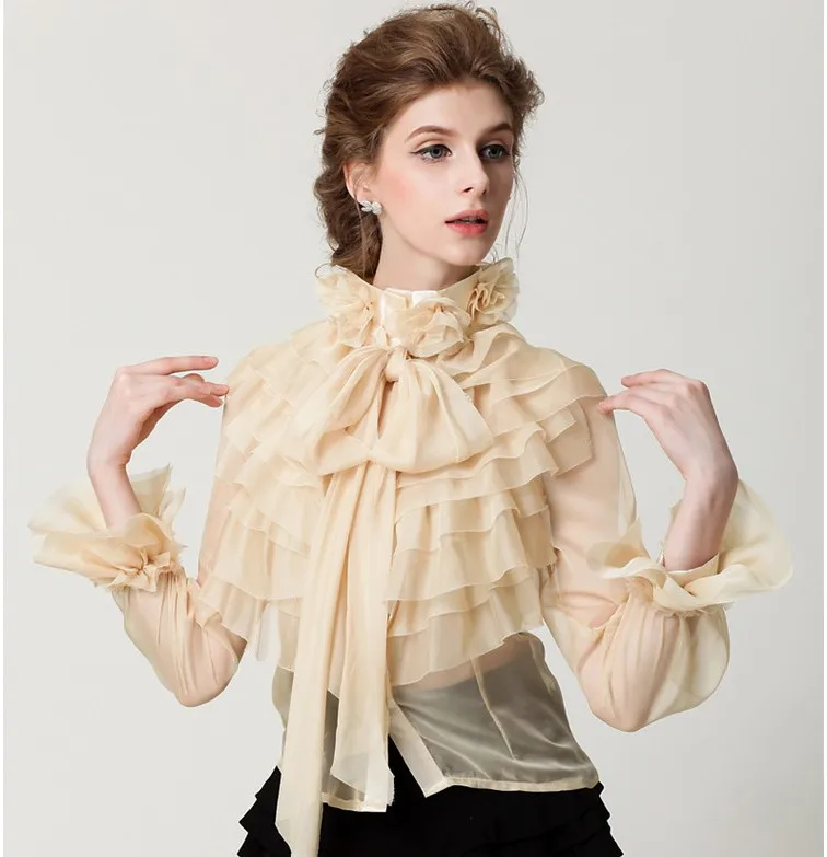 2017 high neck victorian blouse vintage princess royal court chiffon ruffles bow designer tops blouse shirt blusa feminina
