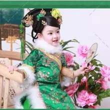Wan Ning Qing Dynasty костюм маленькой принцессы зимний костюм с меховым воротником зеленый Qi Zhuang для маленьких девочек