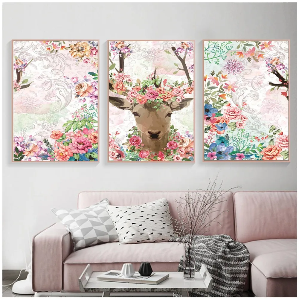 

Flower Deer Poster Colorful Plants Canvas Print Minimalist Wall Art Abstract Painting Decorative Picture Nordic Decoration