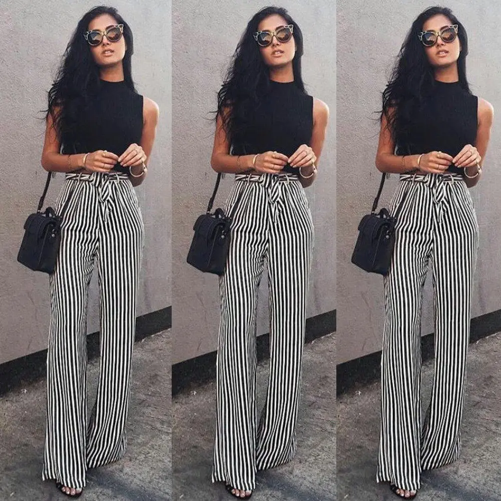 

New Style Women Black Striped TOP SALE Wide Leg High Waist Vintage Casual Long Pants Loose Size S-XL