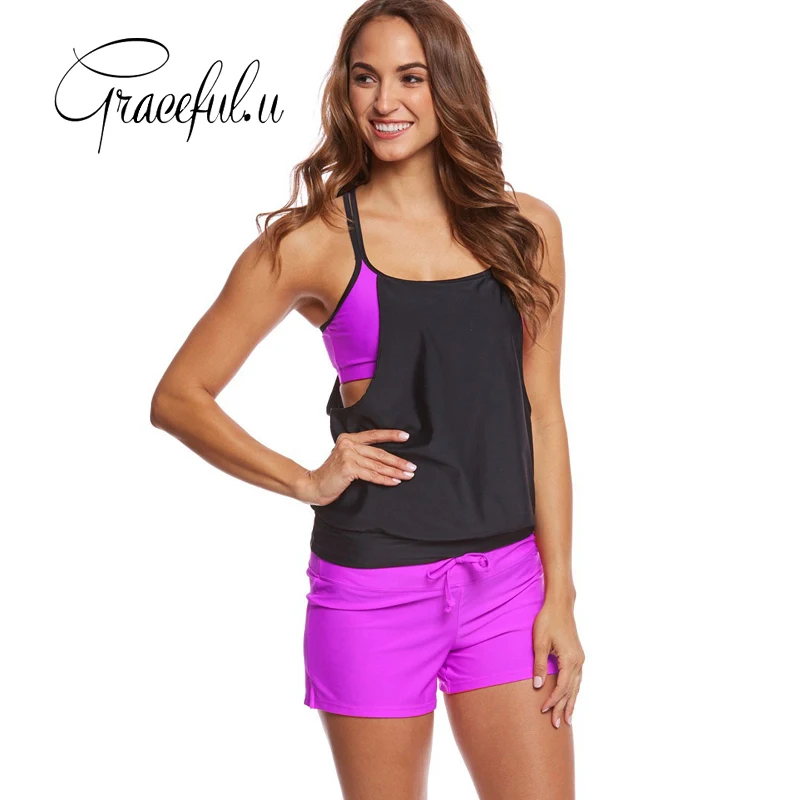 

Two Piece Suits Tankini Large Size Swimwear Women 2018 New Patchwork Swimsuits with Shorts Beachwear Bathing Suits