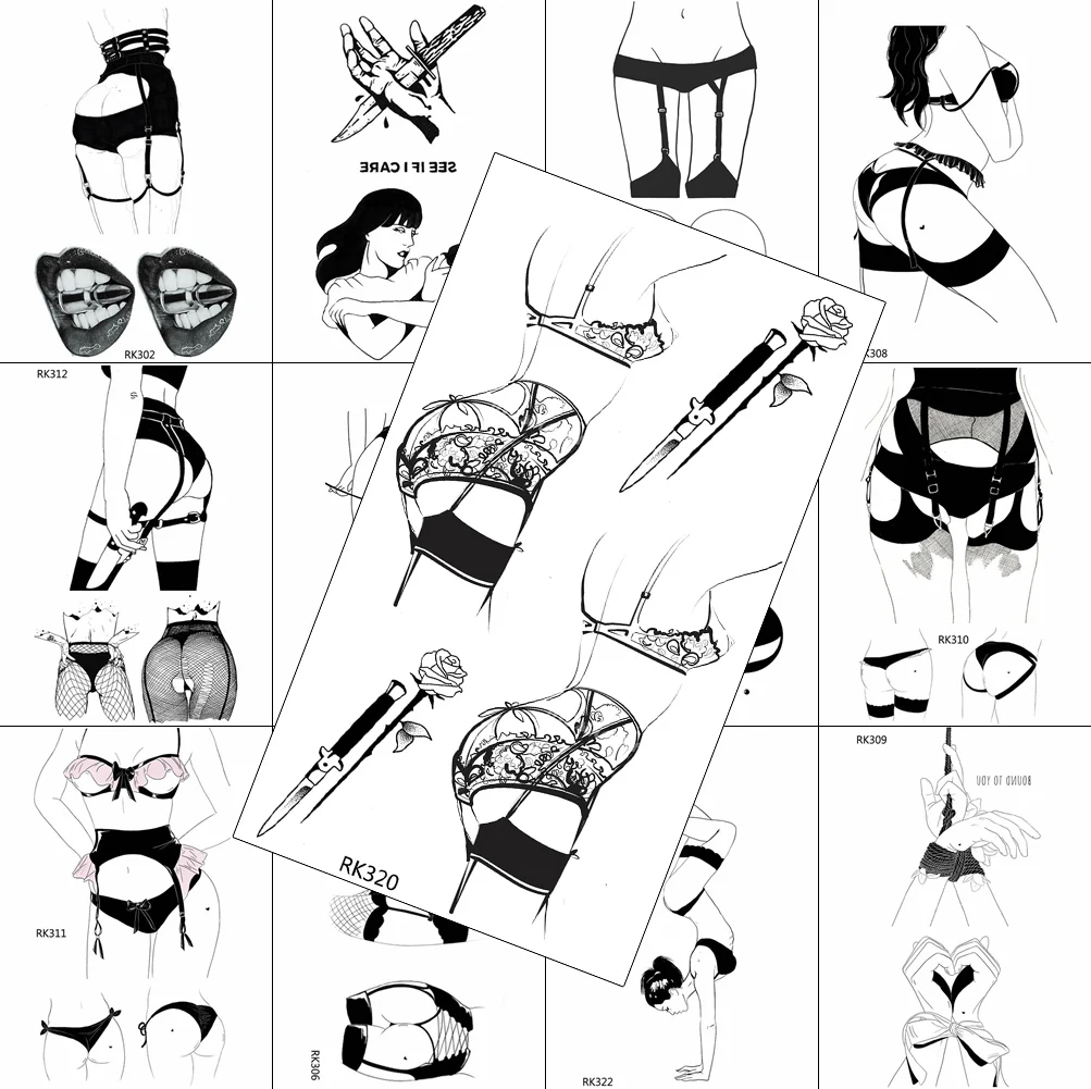 

Sexy Decal Temporary Tattoos For Adult Arm Black Lace Rose Knife Water Transfer Tatoos Bundle Lips Body Art Arm Tatoos Sticker