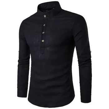 

LASPERAL New Men Casual Shirt Cotton Linen Blended Mandarin Collar Breathable Comfy Traditional Chinese Style Long Sleeve Shirts