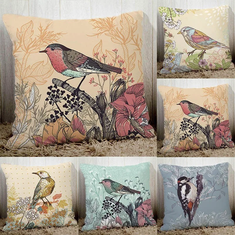 cheap Vintage Retro Flower Birds print couch cushion cover home decorative pillow cover 45x45cm polyester sofa cushion bed pillowcase