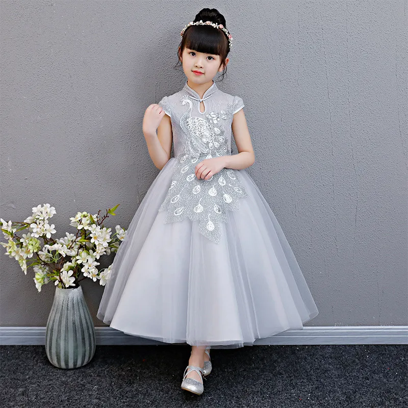 

Elegant Gray Tulle Girls Wedding Dresses Short Sleeve Ball Gowns Girls First Communion Princess Gown Kids Birthday Party Dresses