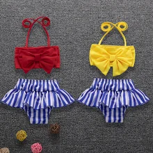 Модный детский купальник из двух частей для маленьких девочек, пляжный купальный костюм топ с бантом+ полосатый купальник для маленьких девочек, комплект бикини
