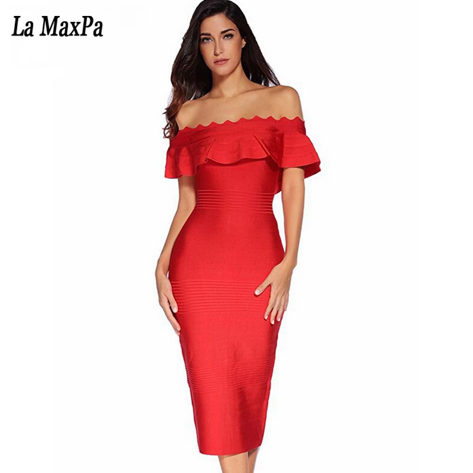 

2017 Summer New Top Quality red pink black Bandage Dress Ruffles Off The Shoulder Wavy Slash Neck Rayon Celebrity Party Dresses