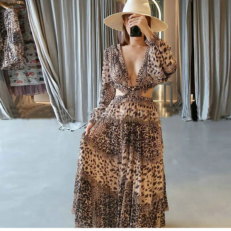 

New leopard print v neck dew back behind bind belt cross chalaza high waisted silk blended female 19 summer dress