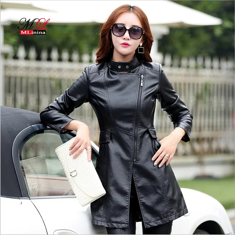 

Lusumily Autumn Winter Plus Size 5XL Leather Jacket Women Fashion Slim High Quality PU Motorcycle Leather Coat Long Jacket Femal