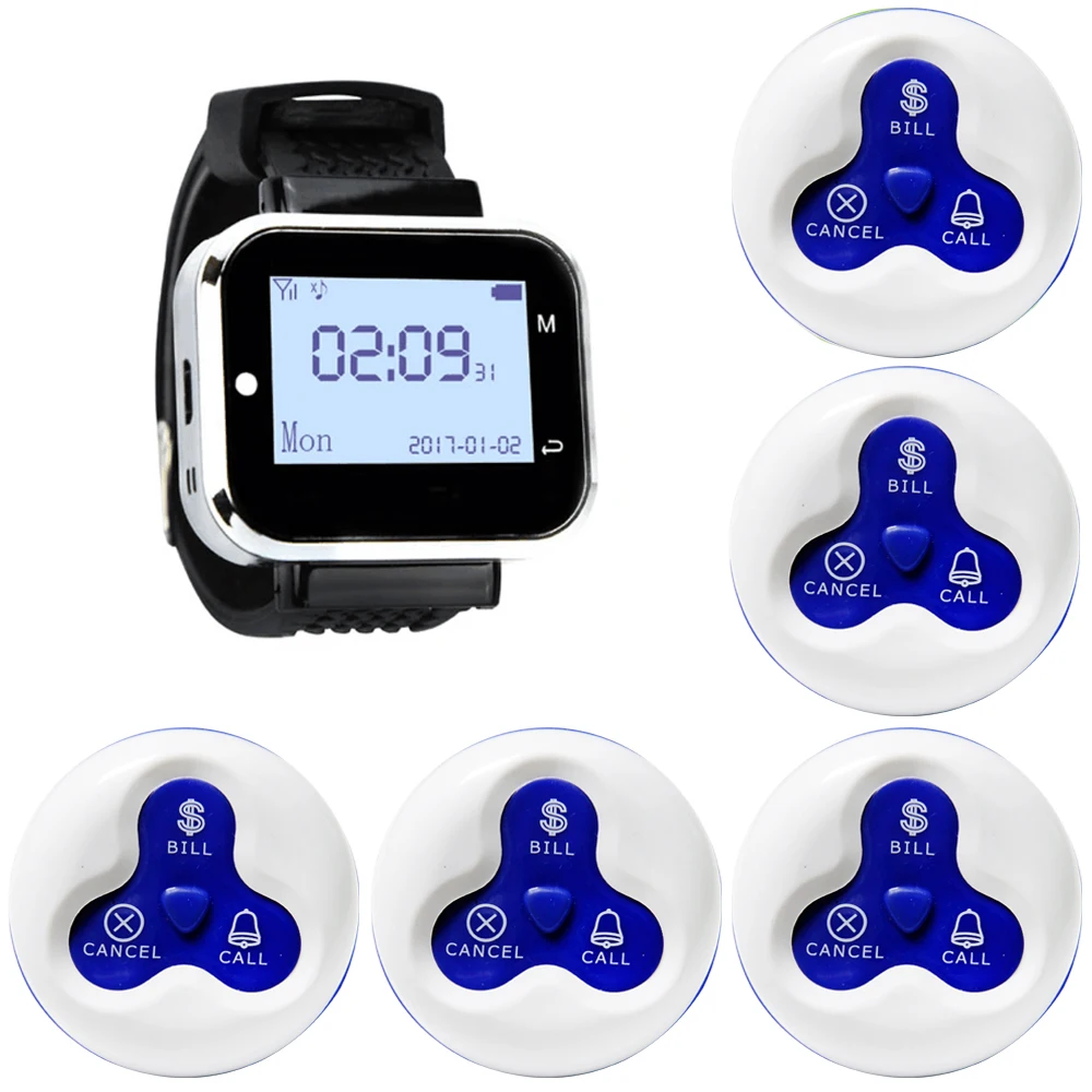 

JINGLE BELLS Wireless Calling System 5 Calling Buttons+ 1 Watch Pager for Restaurant, cafe, bar/ Wireless Service Call Bells