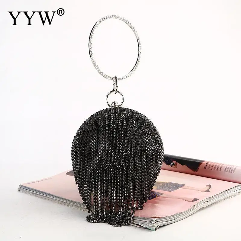  Sliver Diamonds Rhinestone Round Ball Evening Bags For Women 2018 Fashion Mini Tassels Clutch Bag L - 32958415735
