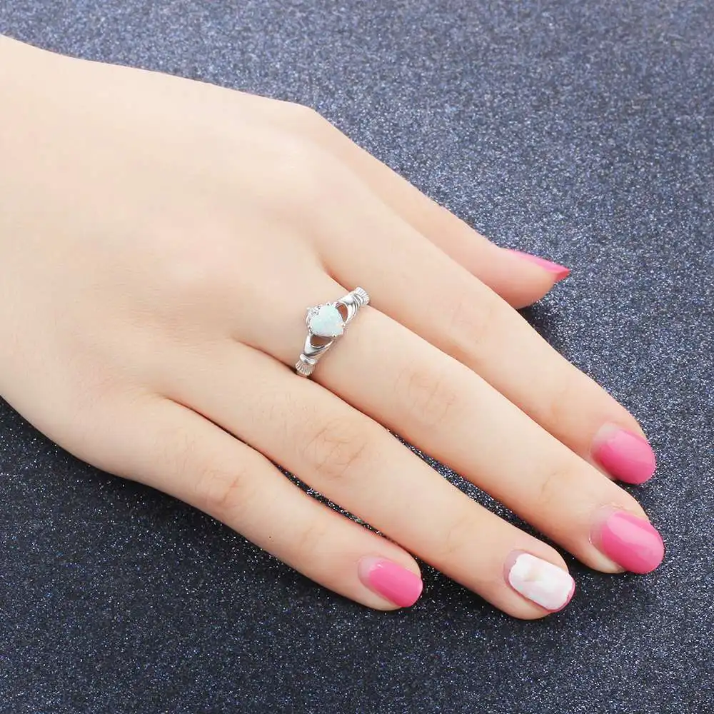 Claddagh Ring Soild 925 Sterling Silver Women's Rings Classic Heart Opal Stone Loyalty Jewelry For Women (JewelOra RI103629)