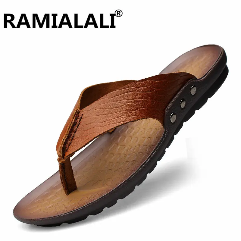 Summer Men's Genuine Leather Flip Flops Leather Slippers for Men Beach