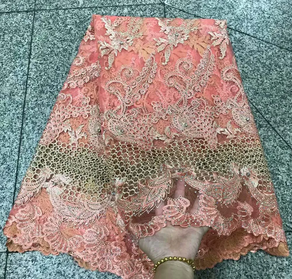 

Factory Price African French Lace Fabric High Quality African Tulle Lace Fabric With stone 5 Yards Gold Nigerian Lace Fabric