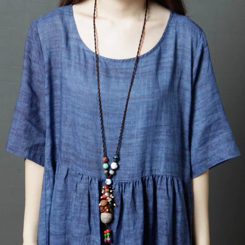 Винтажное платье макси из хлопка и льна с круглым вырезом рукавом три