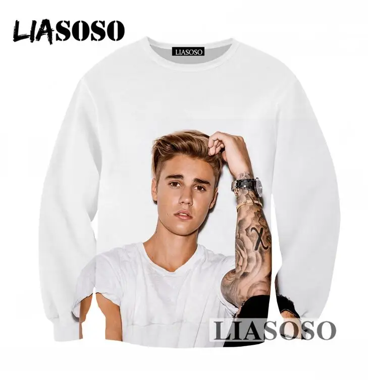 LIASOSO Fashion New Design Sweatshirt 3D Print Singer Justin Bieber Men Women Tracksuits Casual Long Sleeves Pullovers Tops T744