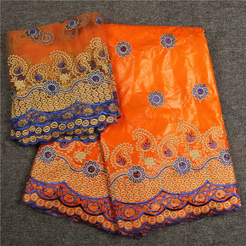 

5+2 Yards/Lot Beautiful Orange bazin Riche Fabric Embroidery Brocade Lace Fabric Beaded bazin Riche Getz With French Scarf 30