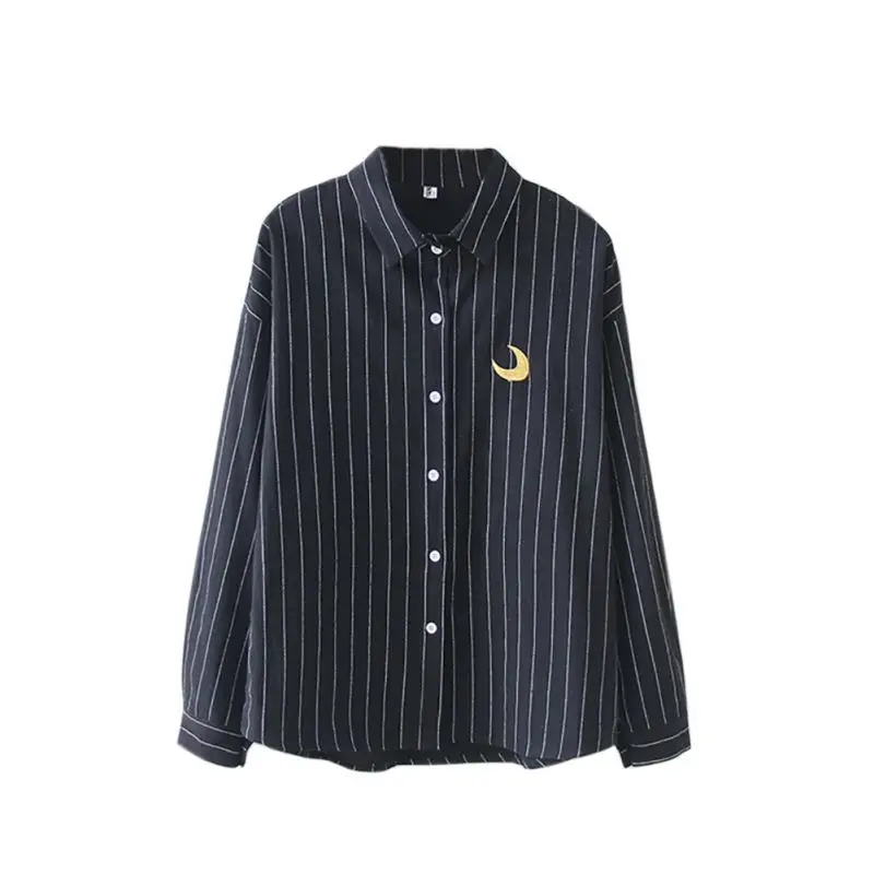 

Women Embroidery Shirt Striped Cotton School Blouses Plus Size Loose Work Shirt