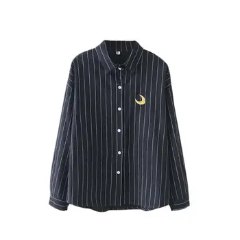 

Women Embroidery Shirt Striped Cotton School Blouses Plus Size Loose Work Shirt