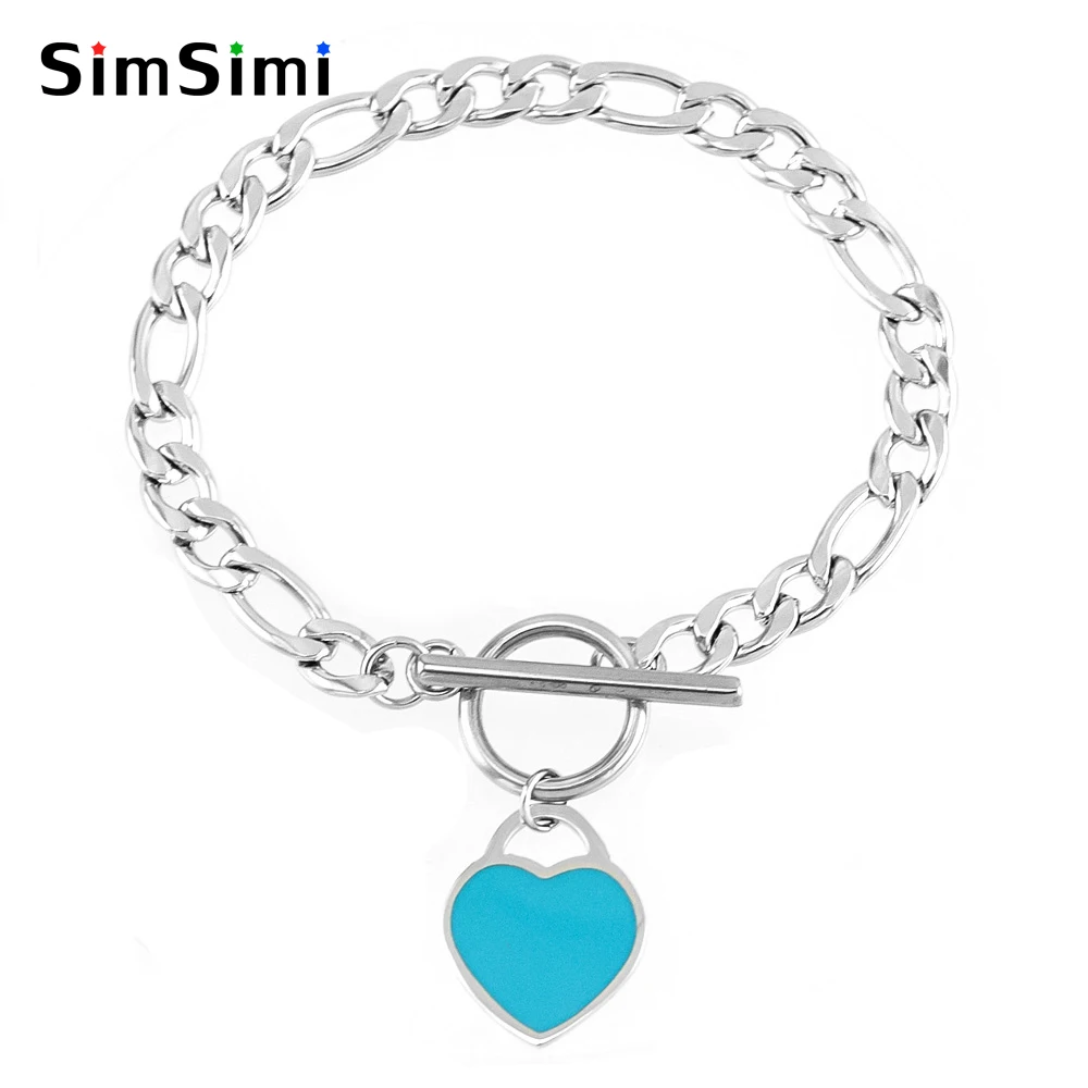 

Simsimi Women Bracelets Figaro Chain with Heart Cross Round Charms Toggle clasps bracelet bangle Stainless steel Jewelry gift