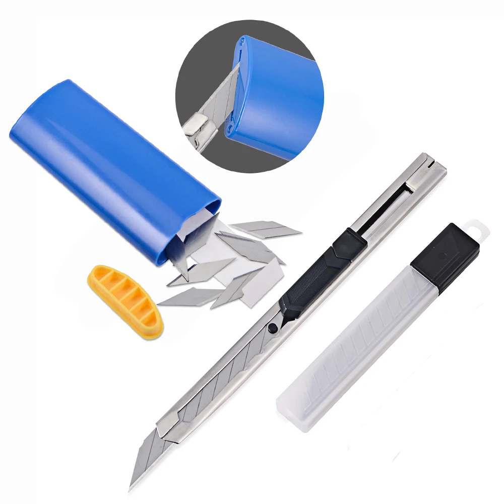 

FOSHIO Carbon Fiber Vinyl Cutter Snap Off Knife+10pcs Blade with Disposer Box Car Stickers Film Cutting Lockable Knife Blades