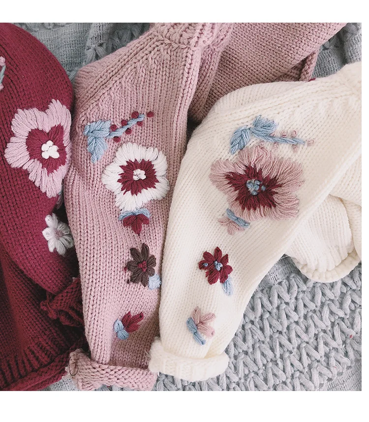 Весенне-осенние свитера для маленьких девочек свитер с вышивкой и длинными рукавами для новорожденных девочек трикотажная одежда для девочек свитер с цветочным рисунком для малышей