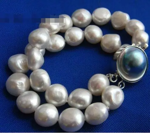 

Free shipping hot sale Women Bridal Wedding Jewelry >>2Strands 8'' 13mmx14mm White Baroqu Freshwater Pearl Mabe Clasp Bracelet