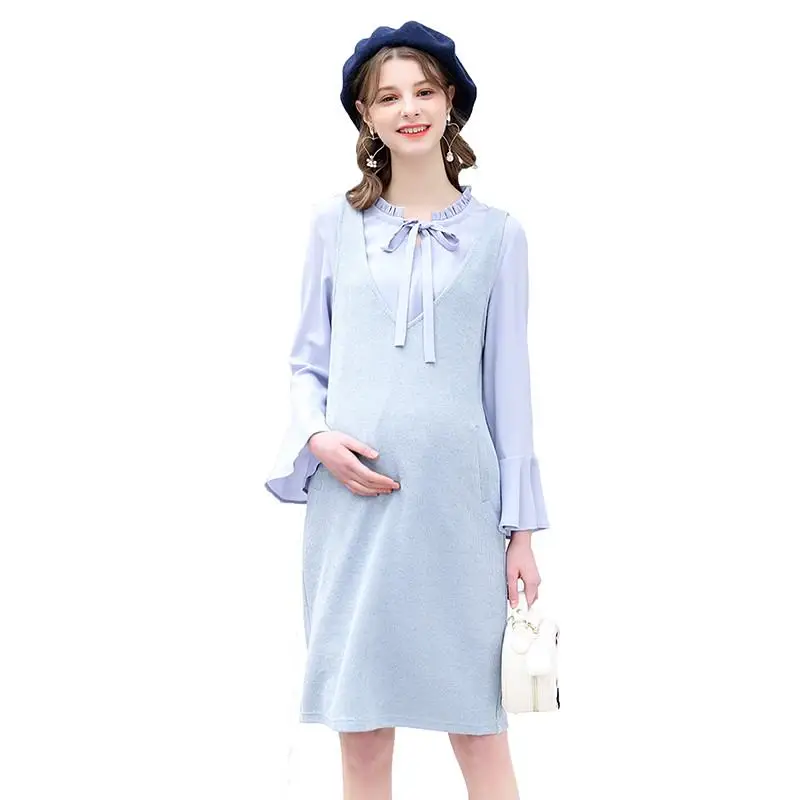

2019 Pregnant Women Flare Sleeve Bow Collar Chiffon Shirt+Knit Sundress Suits Maternity Nursing Dress Set Pregnancy Clothes Q495