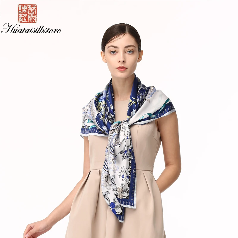 Spring 100 Silk Satin Women Square Scarves Floral Print Fresh Style Scarf Large Size Elegant