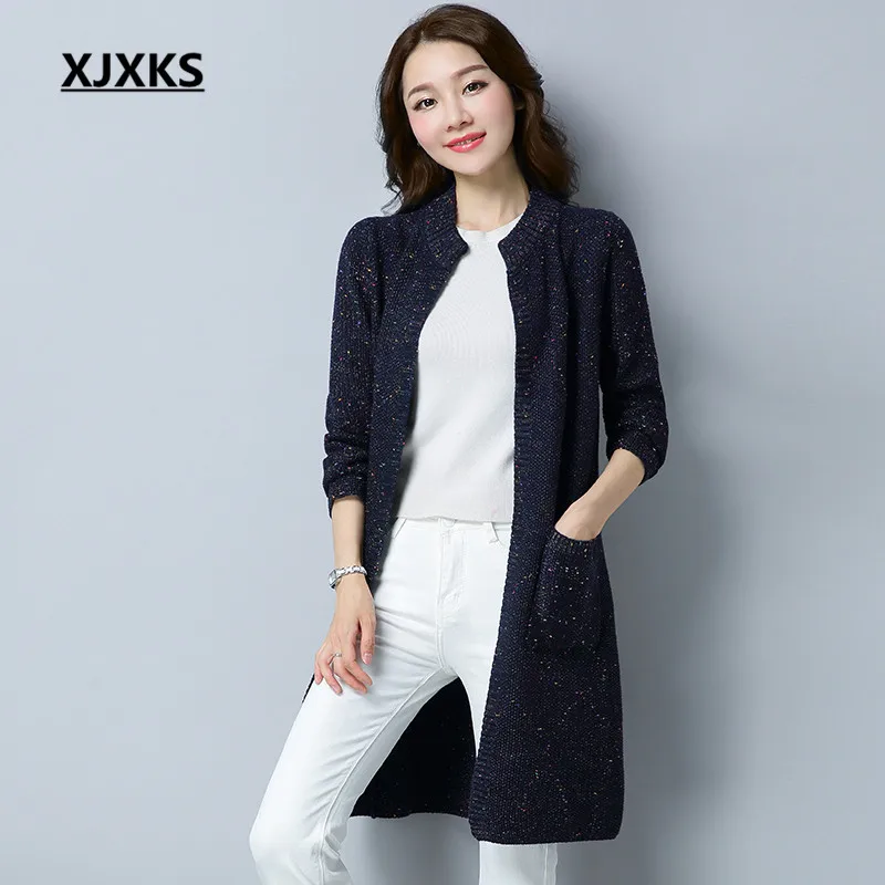 

XJXKS Wool Blends Knitted Women Cardigans Long Sweater M-XL Autumn And Winter With Pockets Ladies Cardigan Jumper