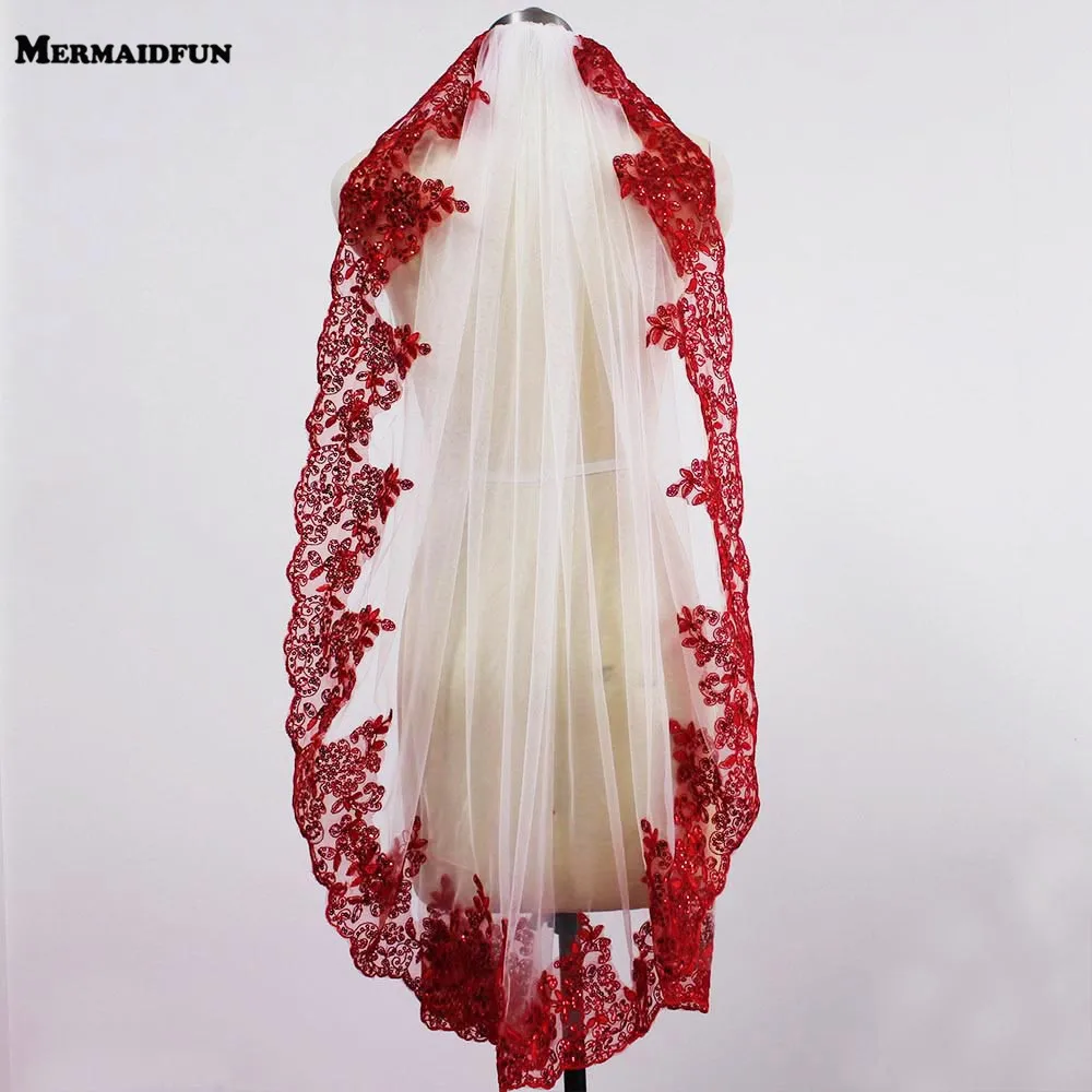 

2019 Real Photos Short Red Lace One Layer White Ivory Tulle Wedding Veil with Comb Bling Sequins Lace Bridal Veil Boile Mariage
