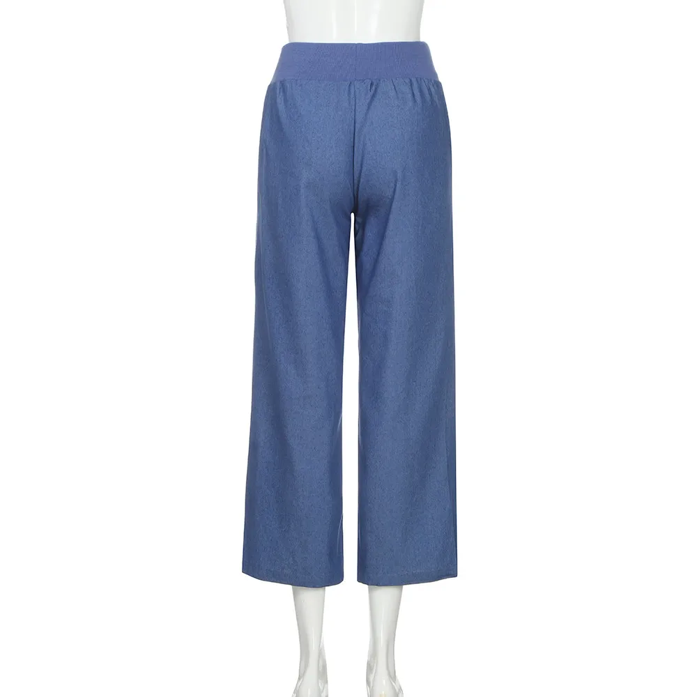 

2018 Plus Size Women High Waist Waist Wide Leg Pants Denim Blue Jeans Long Party Palazzo Ladies Elegant Trouser W312
