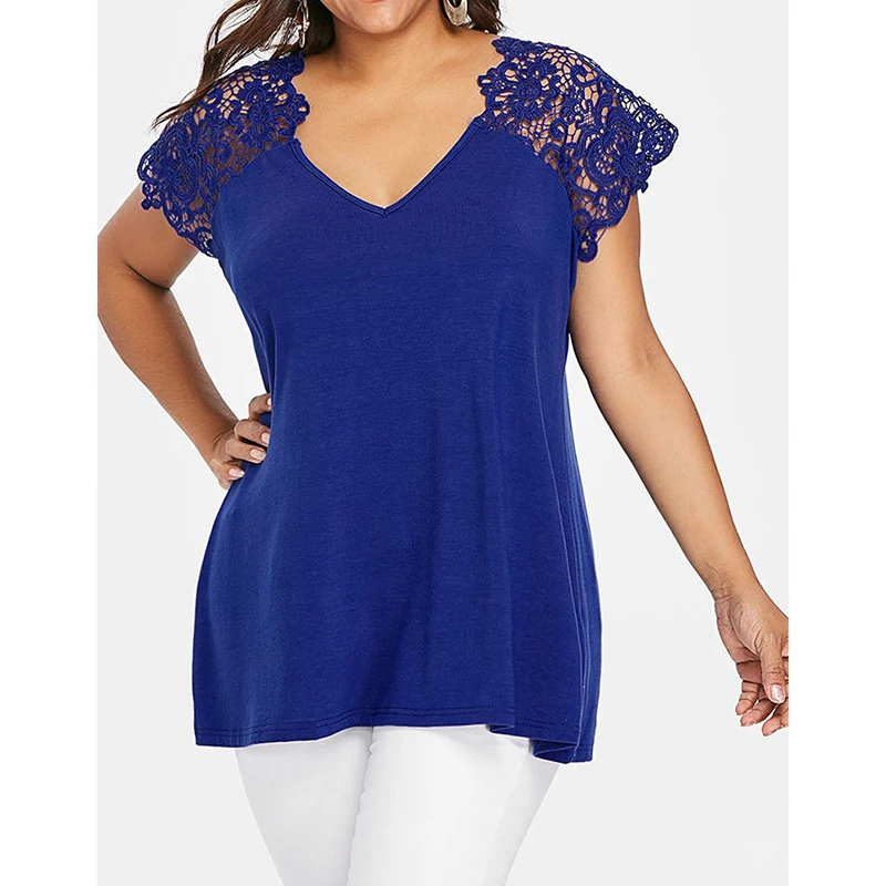 Women's Blouse 2019 Summer Oversized Short Sleeve Loose Shirt Ladies V-Neck Lace Patchwork Casual Tops Tunic Shirt Femme Blusas