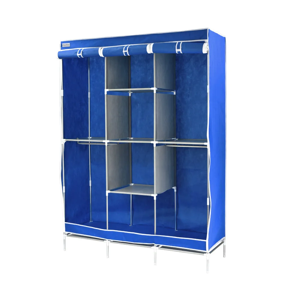 Finether Double Modular Metal Framed Fabric Wardrobe,Clothes Closet Portable Wardrobe Clothes Storage Rack-Blue0