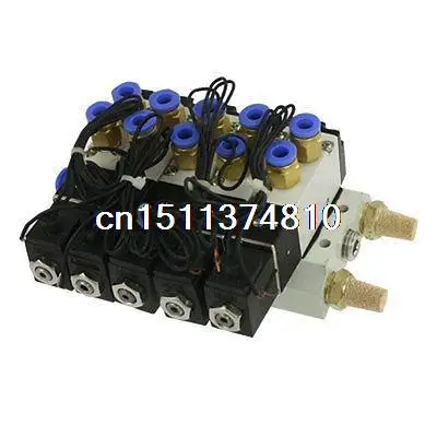 

AC 220V 2 Positions Quintuple Solenoid Valve Connectors Silencers Base Set