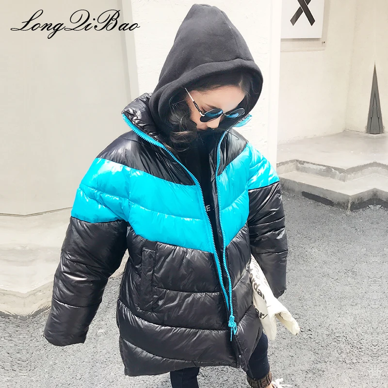 

High quality 2018 winter new Korean fashion long section stitching contrast color loose cotton coat big children girls cotton cl