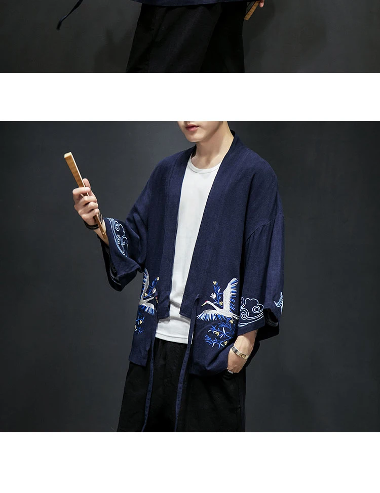 Sinicism магазине мужские раннюю осень хлопок льняные рубашки человек вышивка Кимоно-сорочки мужской три четверти рукав Открыть стежка