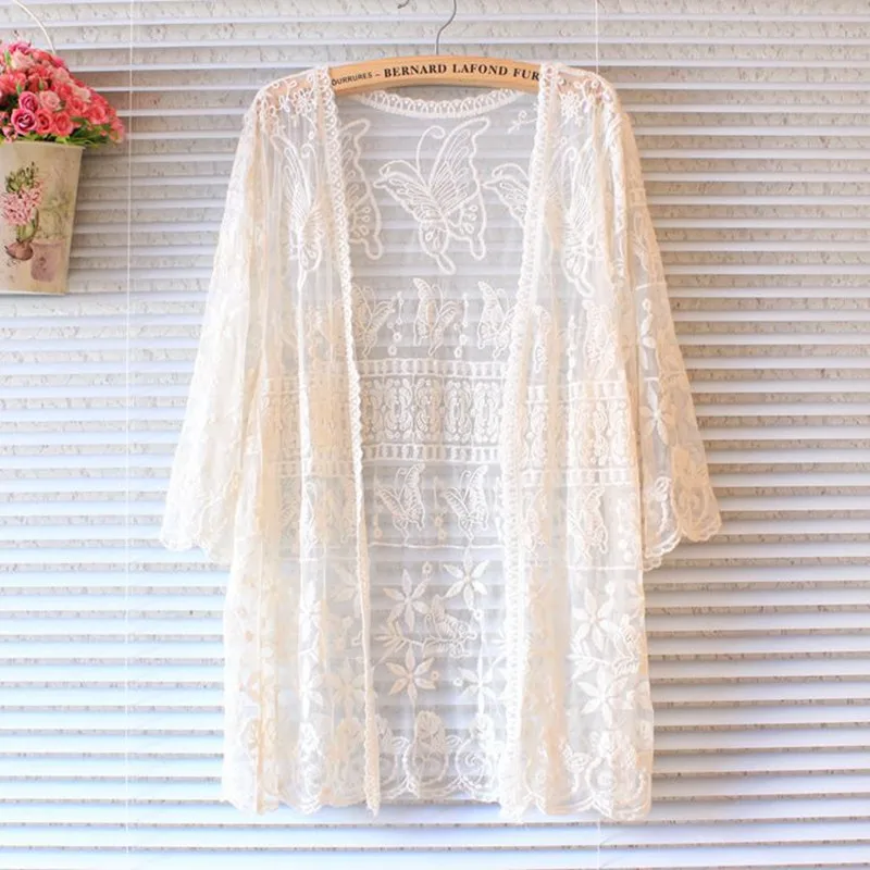 Women summer cardigan sweet butterfly flower embroidery mori girl lace