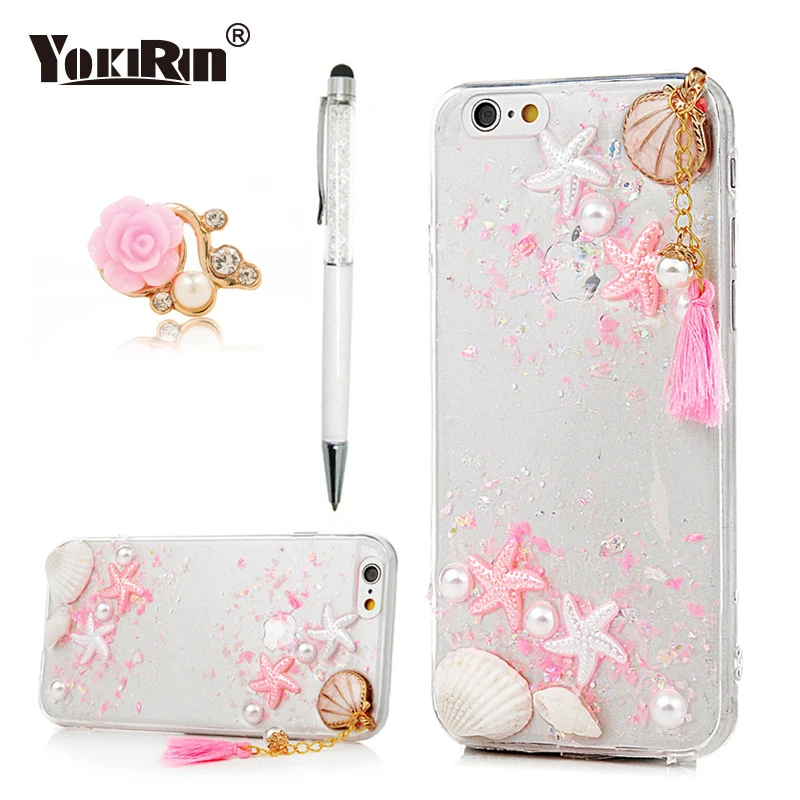 

YOKIRIN Pearls Diamond Soft TPU Clear Case For iPhone 6 6S Plus Case Phone Back Cover Cute 3D Conch Protect Shell With Tassels