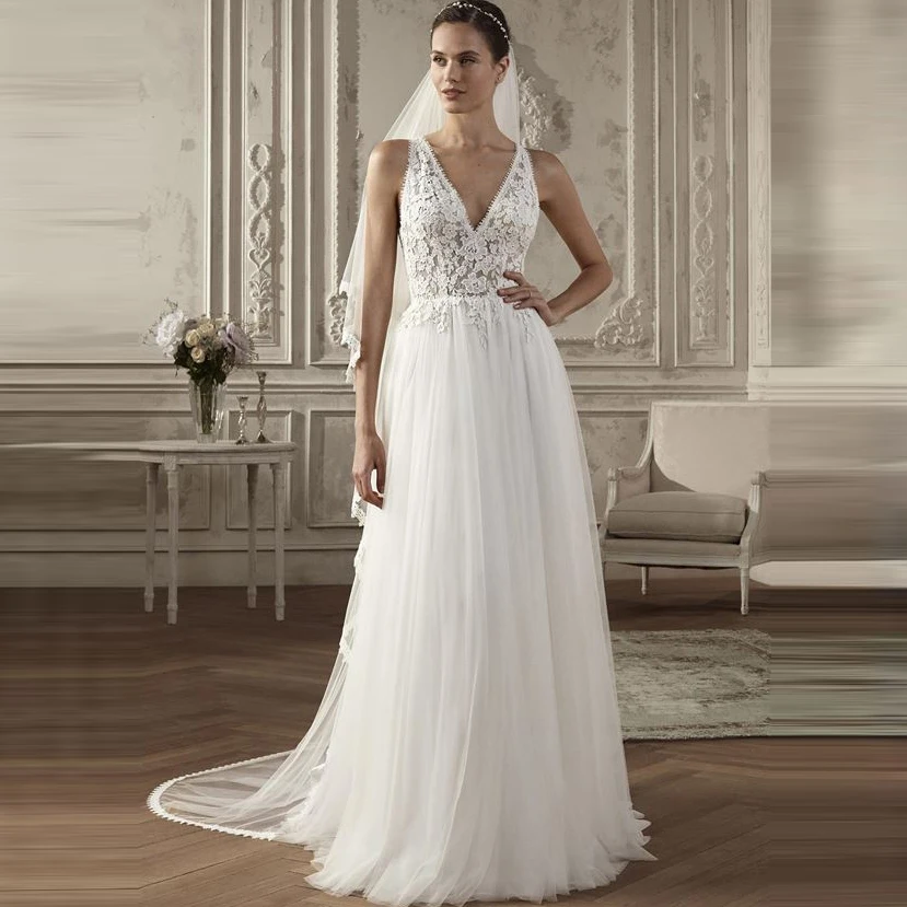 Simple Cheap Princess Boho Wedding Dress Top Lace Appliques Tulle