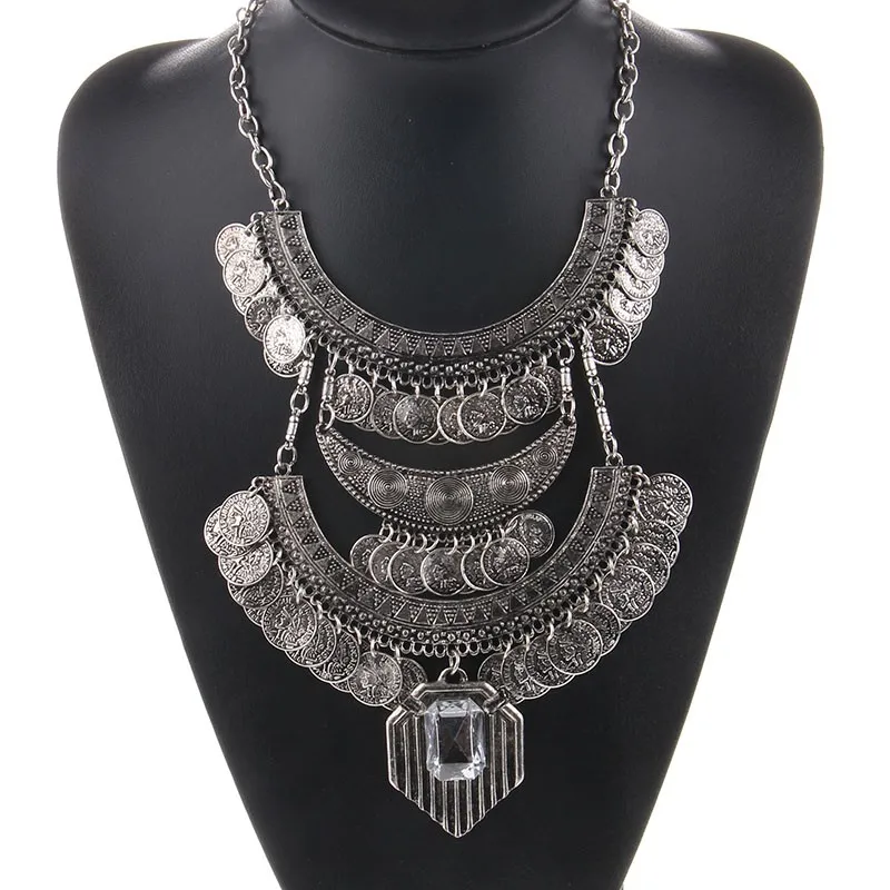 Bohemian Fashion Crystal Long Coin Necklace For Women High Quality Punk Statement Necklace Choker Women Necklaces& Pendants