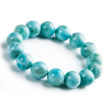 

Natural Blue Larimar Gemstone Round Beads Bracelet 15mm From Dominica Water Pattern StretchAAAAAA