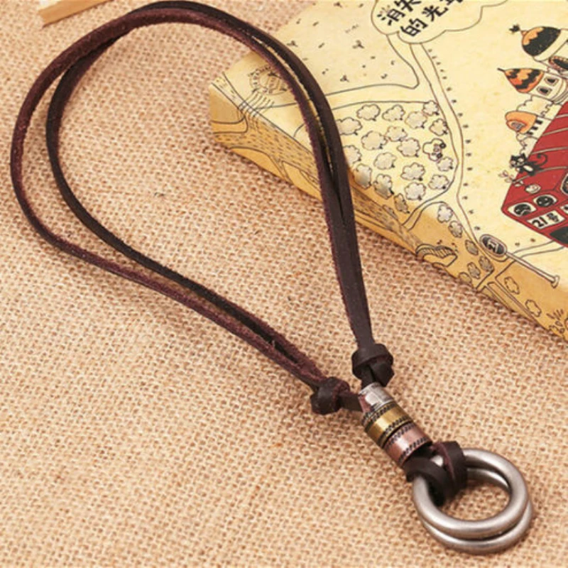 Original Genuine Brown Leather Cord Men Necklace Double Circle Charm ...